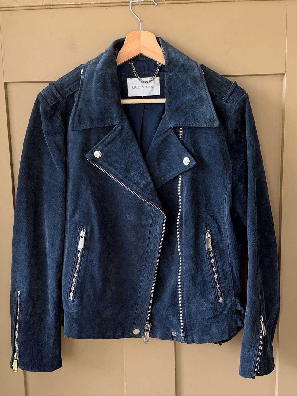 BCBGeneration Sz K Navy Suede Moto Jacket with Silver Hardware